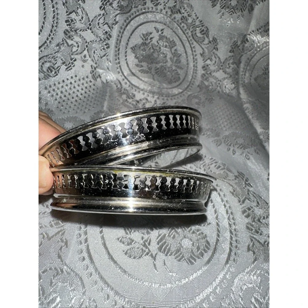 VINTAGE COASTERS WITH PIERCED METAL GALLERY & STAR-CUT GLASS BOTTOM SET OF 2